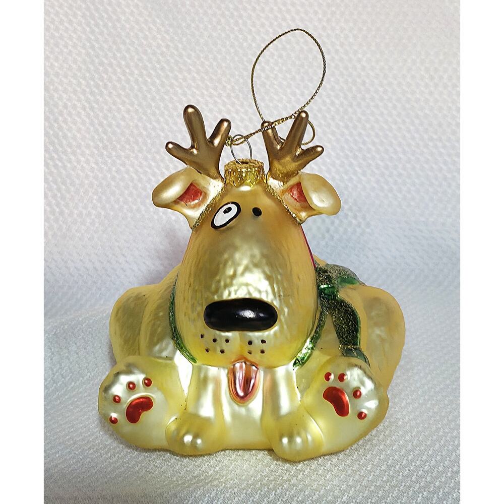 All That Glitters FIGI Gold Dog Reindeer Ornament Funny Christmas Glass w/ Box
